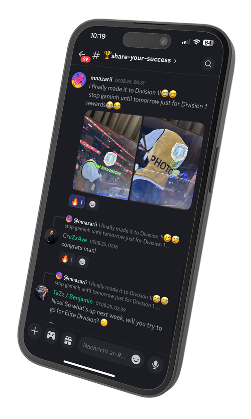 THE GUIDE Discord community celebrating mmazarii's Division 1 promotion