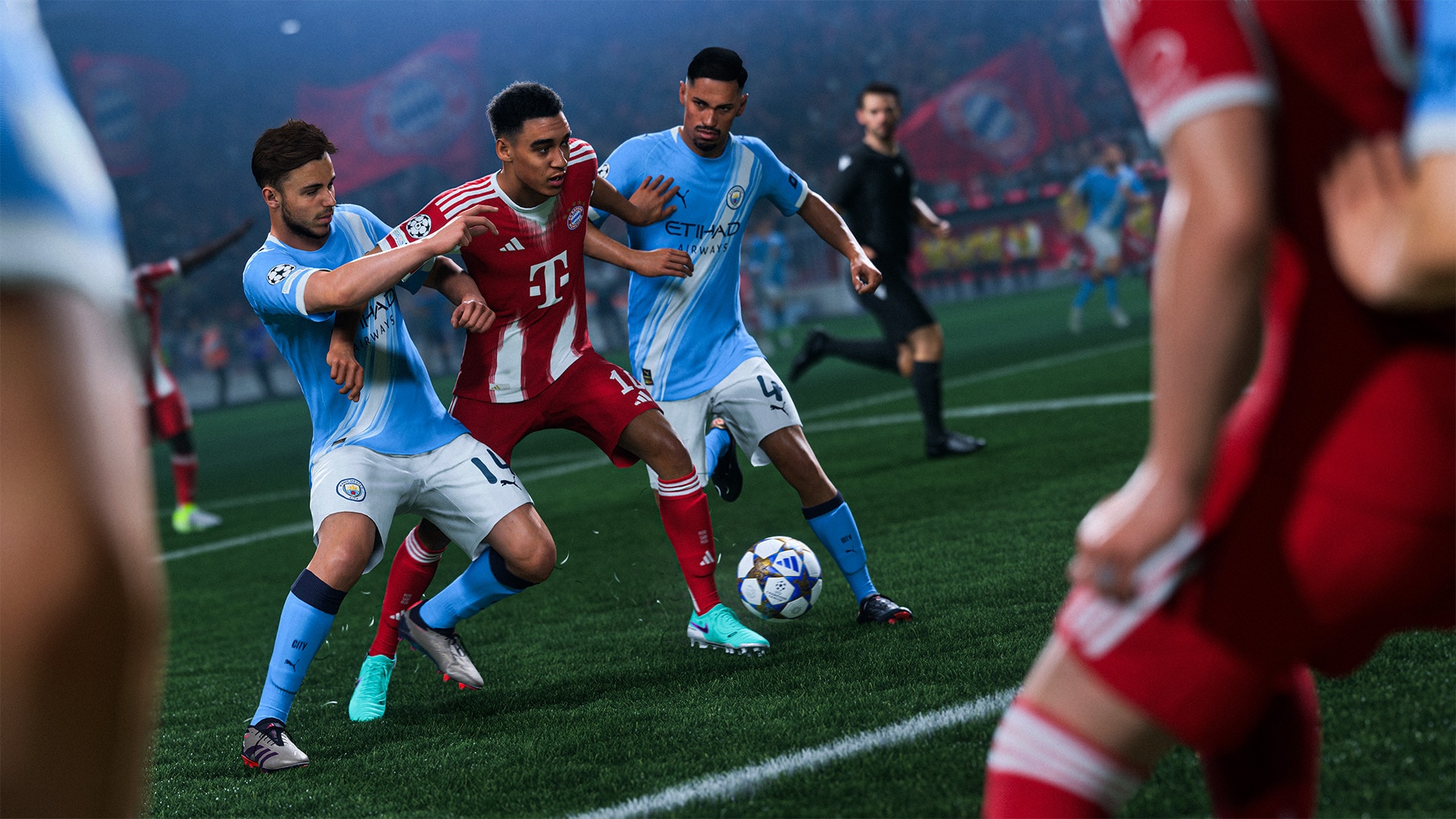 EA SPORTS FC gameplay: Musiala shielding the ball from two defenders