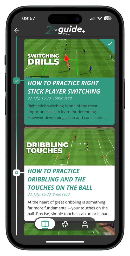 The structured THE GUIDE+ learning path, with completed lessons and the next practice lesson
